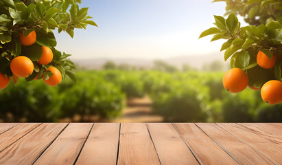 Empty wooden table with blurry orange tree background. best for product display montage.