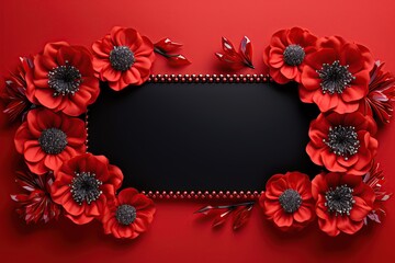 Picture frame with blank space for adding image, logo or design decorated with red flowers. Ai Generative