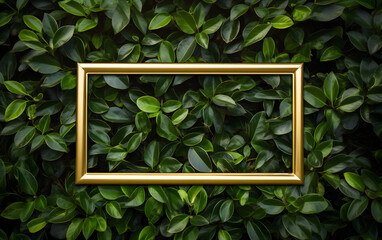 top view of golden frame on green fresh leaves background, copy space in middle.