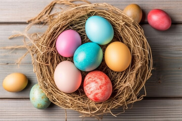 Top view colorful eggs in nest on old wooden background,Easter eggs concept.