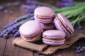 Obraz na płótnie Canvas Macarons with lavender flower on wooden background.
