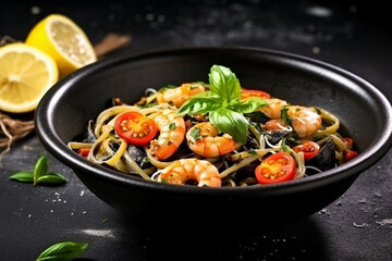 Black spaghetti pasta with seafood,lemon and basil on black  background
