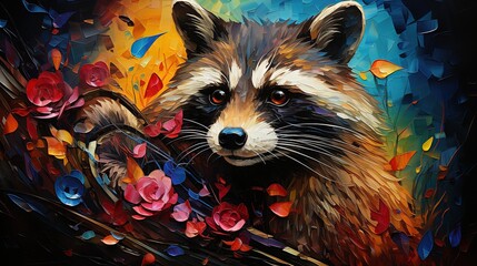  a painting of a raccoon surrounded by colorful flowers.  generative ai