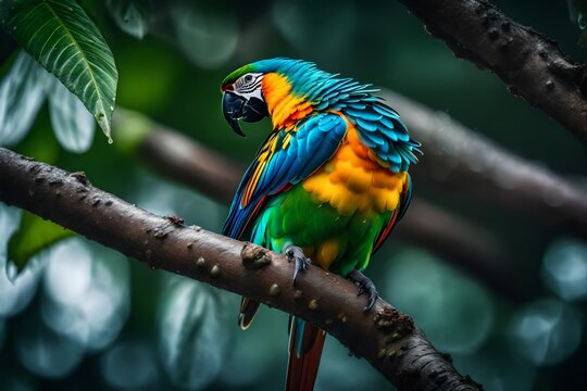 a high quality macro image of parrot sit on a branch of tree and some drop of water on the body - AI Generative