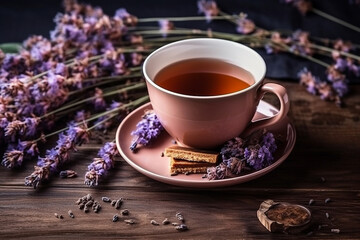 Tea with lavender flowers on wooden background.