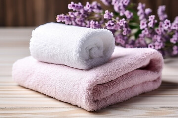 Fototapeta na wymiar White towel with lavender flower on wooden background.