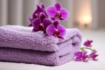 Fototapeta na wymiar White towels with purple orchid flower