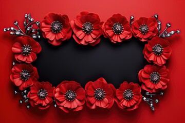 Picture frame with blank space for adding image, logo or design decorated with red flowers. Ai Generative
