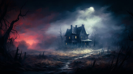 old abandoned house with gloomy sky. illustration generated by ai