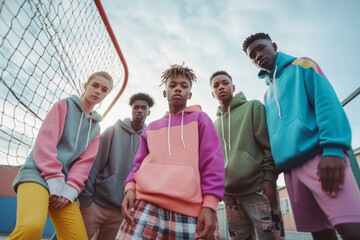 A group of teenagers in bright sport hoodies on bascetball court. Street style. Urban lifestyle. Active shcool leisure concept