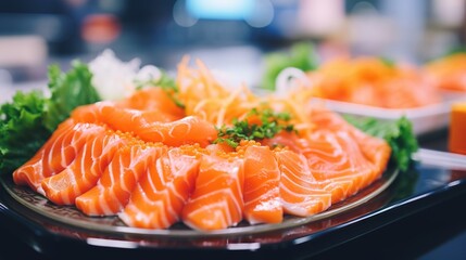  a platter of salmon and lettuce on a table.  generative ai