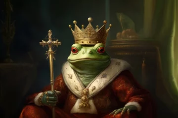 Fotobehang Toad, Frog, Emperor, King, Ruler, Dressed, Medieval, Renaissance, Ironic portrait. HIS HIGHNESS THE FROG! A portrait of a bizarre green frog dressed up as a king. © Paolo