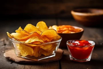 Fotobehang Potato chips snacks in glass bowls on wooden background © Inlovehem