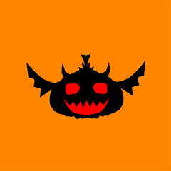 Cartoon illustration of a black pumpkin with wings and glowing eyes