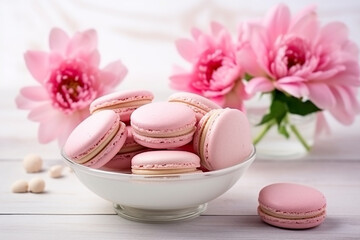 Fototapeta na wymiar Macarons with pink peony flower on white wooden.