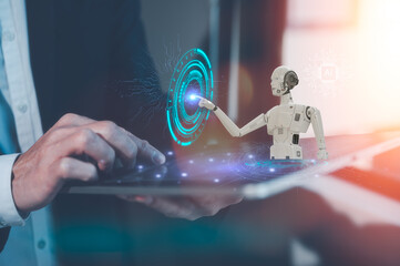 Chatbot Chat with AI, Artificial Intelligence. man using technology smart robot AI, artificial intelligence by enter command prompt for generates, man holding tablet with 3d robot and icon