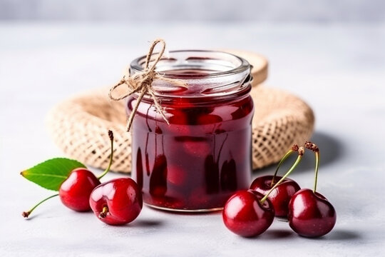Cherry jam with fresh cherries on white background