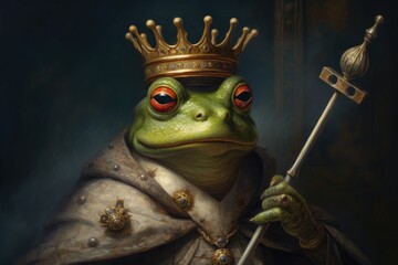 Toad, Frog, Emperor, King, Ruler, Dressed, Medieval, Renaissance, Ironic portrait. HIS HIGHNESS THE TOAD. A portrait of a green toad dressed up as a king.