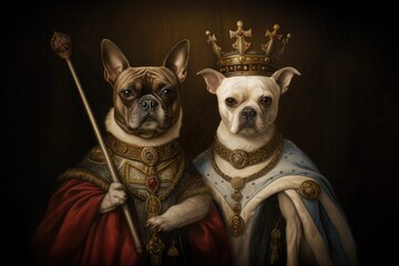 Bulldog Prince, Princess, King, Queen, Dog, Couple, Portrait, Medieval, Renaissance. A portrait of a couple of regal dogs with crown and scepter, future heirs of a feline dynasty.