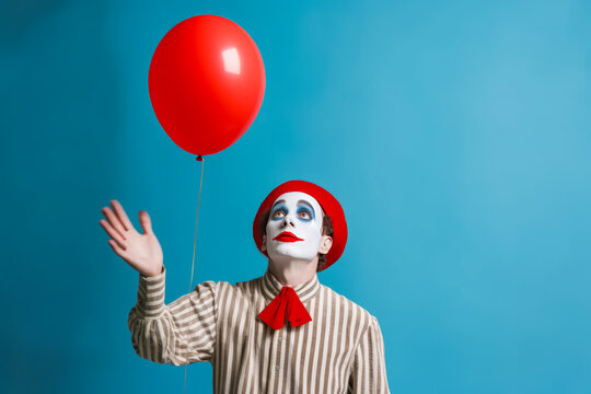 Evocative mime artist, ensnared in invisible box, yearning for unreachable vibrant helium balloon. Exudes melancholy on plain color studio backdrop. Generative AI