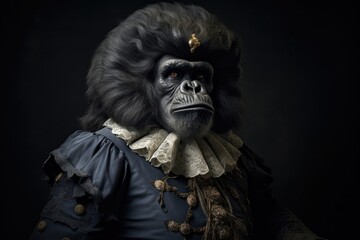 Gorilla, 3d Ironic portrait, 1700, Noble, Aristocratic, Dressed, Attire, Wig. BIJOU GORILLA. A refined upper class gorilla with wig and ruffled collar dressed up in 1700s style. Medalllion on hair