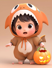 3d cute little boy with funny monster costume with a Halloween theme