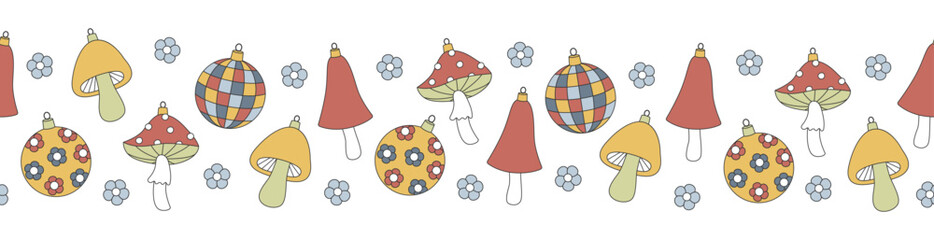 Groovy Christmas seamless border. Ball, disco ball, mushroom in trendy retro cartoon style. Background for winter festive design.