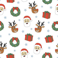 Groovy Christmas seamless pattern. Santa Claus, reindeer, gift box in trendy retro cartoon style. Background for winter festive design.