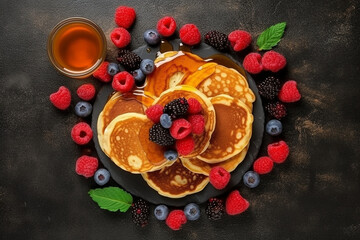 Obraz na płótnie Canvas Pancakes berry and honey on grey stone background