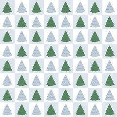 Christmas groovy seamless pattern with Christmas tree on checkerboard background. Retro background for wrapping paper, invitation, greeting card, textile.