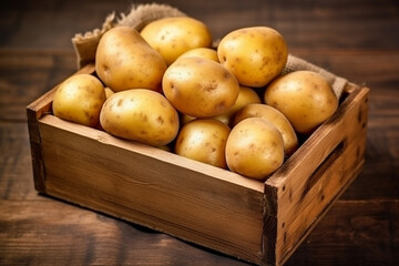 Fresh potatoes in wooden box on wooden background