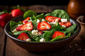 Strawberry spinach salad on wooden table