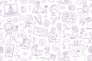Learning online, e-learning video call chat with class. Distance education
