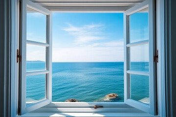 Open window with sea background - obrazy, fototapety, plakaty