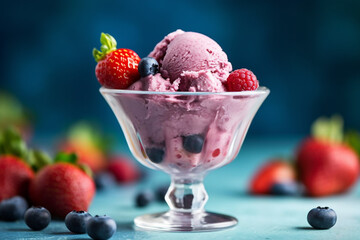 Berry ice cream with berries in glass bowl,on blue wooden background