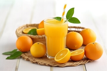 Orange juice smoothie with orange fruit on white wooden background