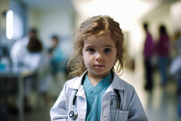 Charming image featuring a confident, little girl in doctor's outfit, arms crossed with a deeply blurred hospital setting in the backdrop. Generative AI