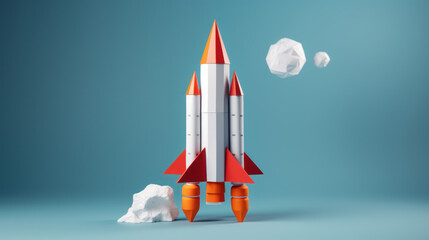 The paper rocket and cloudy on the grey background