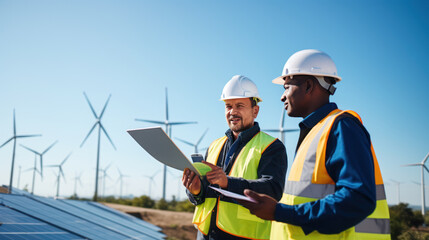 Close-up engineer and worker talking at work wind turbine and solar panel - obrazy, fototapety, plakaty