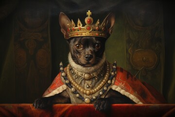 Dog, Feline, King, Emperor, Dressed, Medieval, Renaissance, Ironic, Bizarre portrait. HIS IMPERIAL HIGHNESS THE DOG. A feline dressed up as an Emperor in perfect Medieval style. - obrazy, fototapety, plakaty