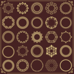 Vintage set of vector round elements. Vintage few elements for design frames, cards, menus, backgrounds and monograms. Classic brown and golden patterns