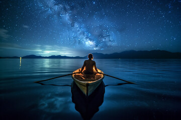 Fantasy boy rowing boat in the sea at night.