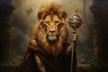 Lion, King, Renaissance, Medieval, Fantasy portrait, Painting, Wallpaper, Poster, Scepter. RETURN OF THE KING. Imposing ruler. Makes his return from exile to his fallen empire amidst crumbling ruins.