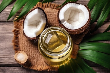 Coconut oil in glass with plam leaves