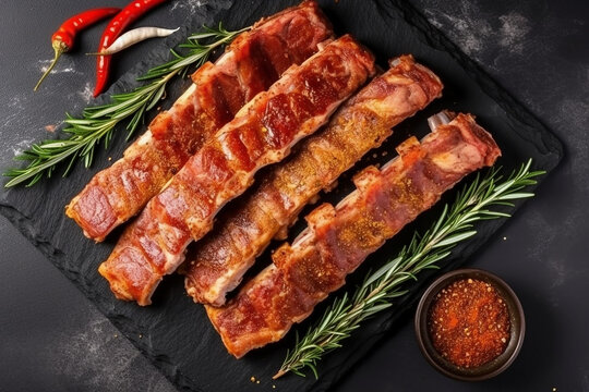 Fresh pork ribs with herbs and spices on black background.