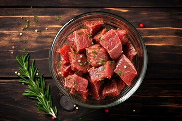 Sliced of raw beef in glass bowl with herb on wooden background. - obrazy, fototapety, plakaty