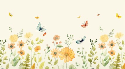  a painting of flowers and butterflies on a white wall with a white background.  generative ai