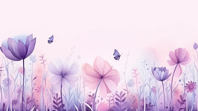 a painting of purple flowers and butterflies on a pink background.  generative ai