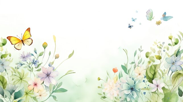  a painting of flowers and butterflies on a white background with space for text.  generative ai