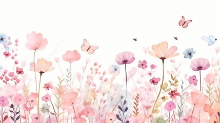  a painting of flowers and butterflies on a white background with space for text.  generative ai